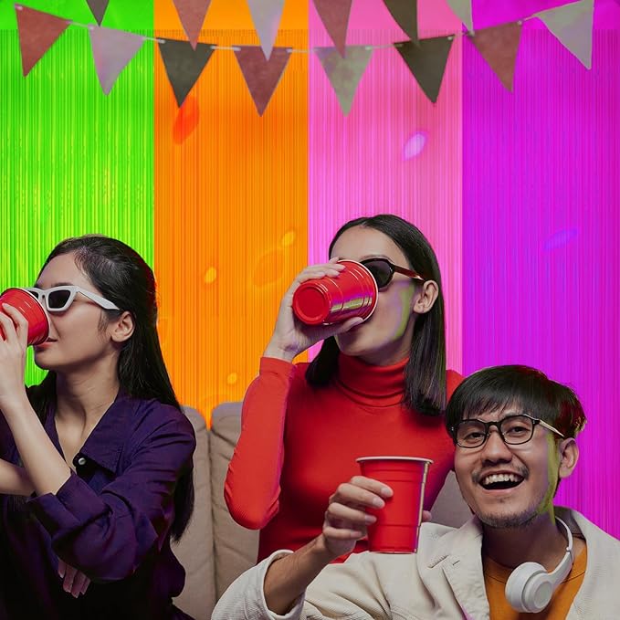 4 Pack Glow in The Dark Curtains Party Supplies 6.6 x 3.3 Ft Glow Tinsel Foil Fringe Curtains Colorful Photo Booth Prop Backdrop Streamer for Birthday Holiday Neon Party Decorations