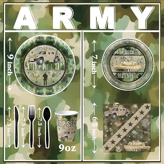 Army Party Decorations Set - Unique Army Party Plates, Cups, Napkins, and Cutlery for an Enthralling Celebration - Disposable and Stylish Army Party Supplies for Birthdays and Events