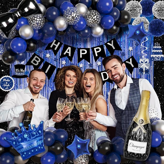 Ouddy Life 91Pcs Blue and Black Happy Birthday Decorations for Men with Happy Birthday Banner Confetti Foil Balloons Fringe Curtain Hanging Swirl for 21st, 25th, 27th 40th Birthday Party Supplies