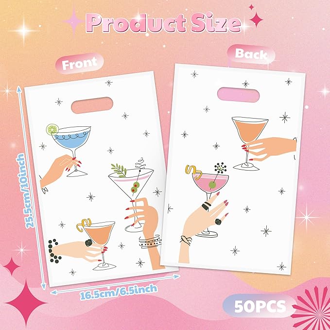 Martini Party Favor Bag - 50Pcs Martini Bachelorette Goody Candy Treat Gift Bags with Handles, White Theme Birthday Decorations for Women Girl Bar Engagement Bridal Shower Party Supplies