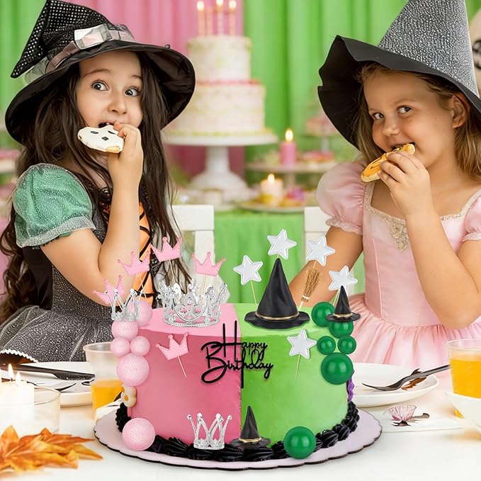 Hooqict 30 Pieces Pink and Green Cake Decorations with Mini Black Witch Hat, Silver Crown, Broom, Happy Birthday Cake Topper for Girls Women Princess Witch Birthday Party Decorations Supplies