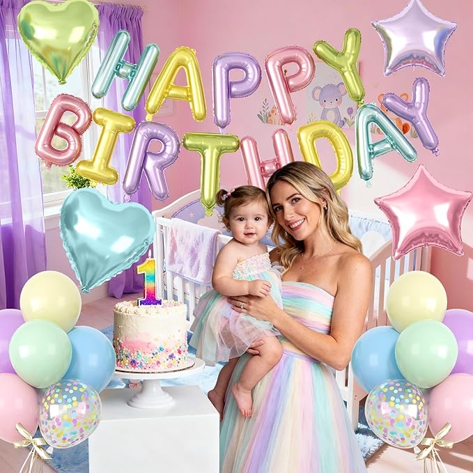 29PC Pastel Happy Birthday Balloon Banner, 16Inch 3D Aluminum Letter Banner Sign, Multicolor Pastel Balloons 18 Inch Star Heart Star Foil Balloon for Women, Men Party Supply