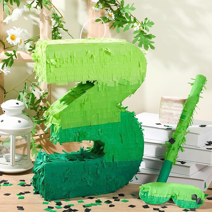 Number Piñata Decorations 16 Inch Gradient Green Piñata with Blindfold Stick and Confetti for Birthday Baby Shower Safari Jungle Themed Party Supplies Centerpiece(Number 3)