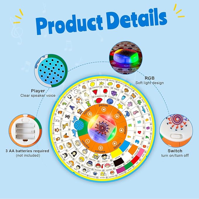 Electronic Learning Machine for Kids Ages 6 Months+, Educational 12.83inch Rotating Wheel Toy,Interactive Musical English Learning Chart Includes Animals, Colors, Numbers,etc.