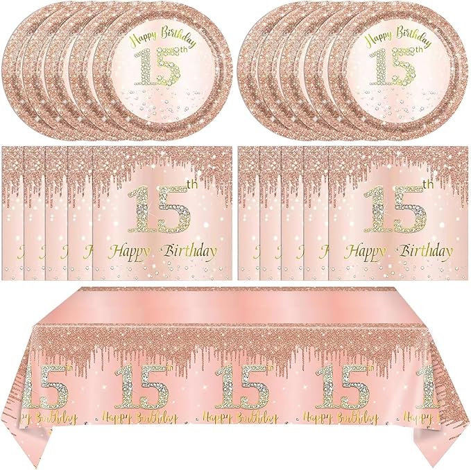 15th Birthday Decorations for Girls,Rose Gold 15 Year Old Birthday Party Supplies Include 15th Birthday Party Plates and Napkins,Tablecloth Kit,15 Birthday Tableware Set for Girls Teen Party Decor
