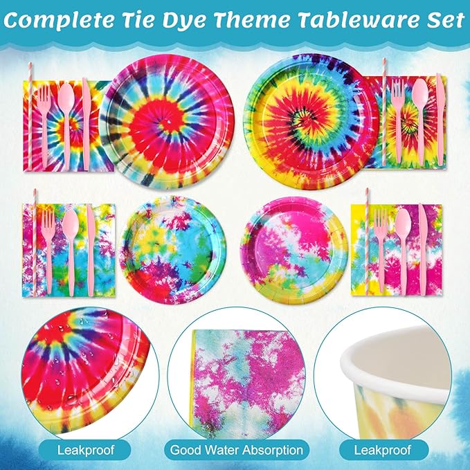 450 Pcs Tie Dye Party Tableware Set Decorations Rainbow Birthday Paper Plates Napkins Cups Cutlery Straws for Hippie Retro 60s/70s Dinner Celebration Birthday Wedding Baby Shower, Serves 50