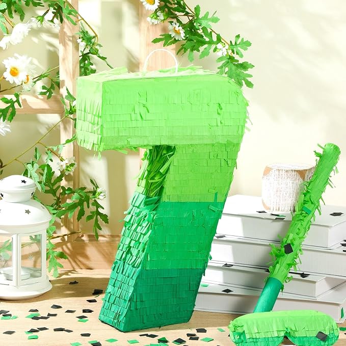 Number Piñata Decorations 16 Inch Gradient Green Piñata with Blindfold Stick and Confetti for Birthday Baby Shower Safari Jungle Themed Party Supplies Centerpiece(Number 7)