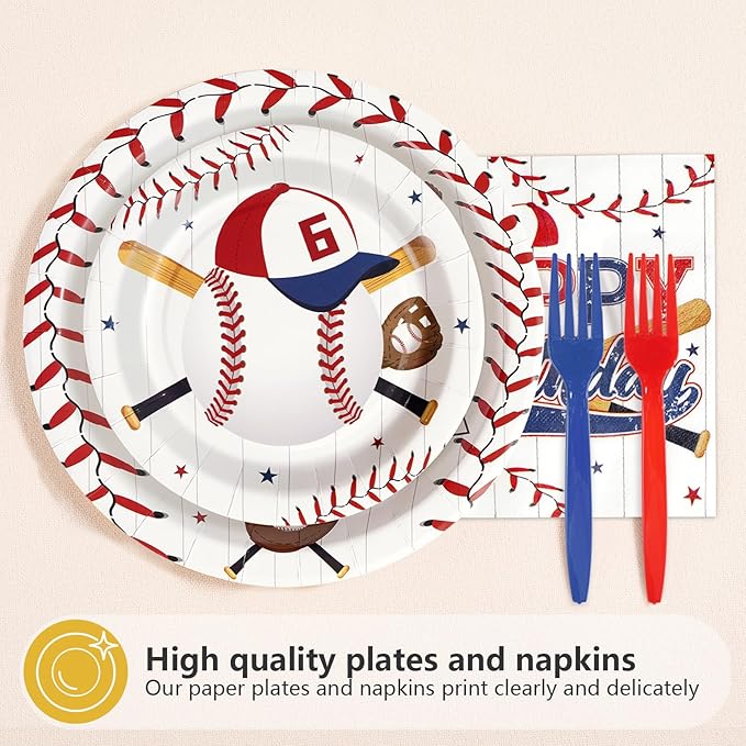 96 Pcs Baseball Birthday Decorations Disposable 6th Birthday Party Paper Plates and Napkins Baseball Sports Themed Party decorations Tableware Set for Boys Girls Kids Supplies, Serves 24