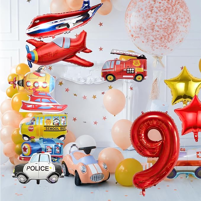 12pcs Transportation Balloons, Truck Plane School Bus Fire Truck Police Car Ship Ambulance Submarine Foil Balloon, Transportation 9th Birthday Vehicles Theme Party Supplies Decorations (9th)