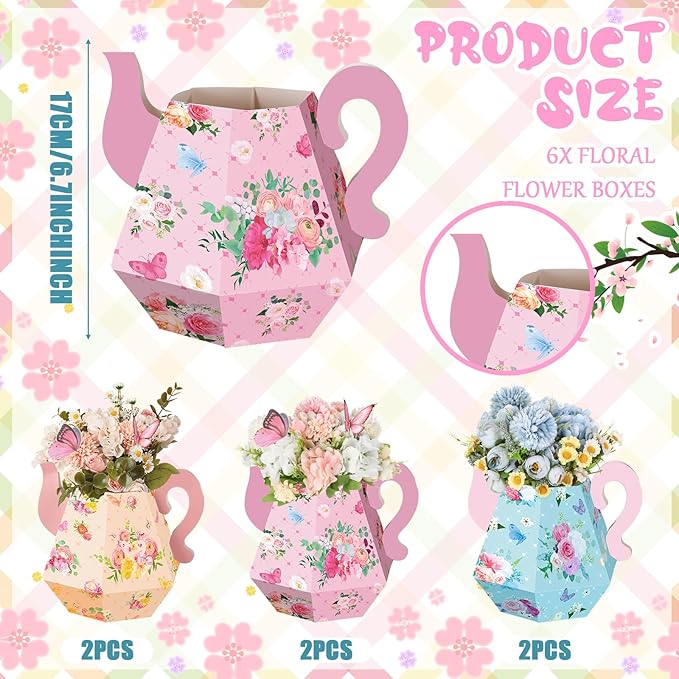 Fulmoon 6 Pcs Tea Party Decorations 6.7'' Flower Box Table Paper Teapot Princess Centerpiece Vase Table Decor Wonderland Fancy Party Decor for Floral Tea Birthday Baby Shower Wedding (Cute)