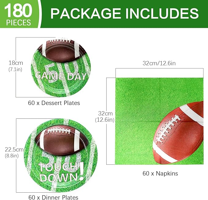 180Pcs Football Party Supplies Paper Plates and Napkins Serve 60 Disposable Tableware Set for Birthday Party Decorations Game Day Family Holiday Sports Events
