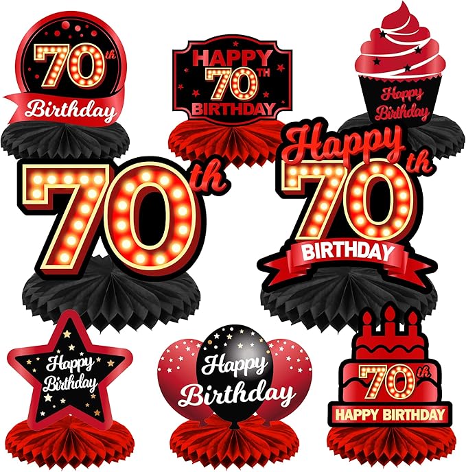 Happy 70th Birthday Red and Black Table Honeycomb Centerpieces Balloons Theme Decor Table Decorations Table Toppers for Girls Women Princess 70 Years Old Birthday Party Bday Supplies Background Gold