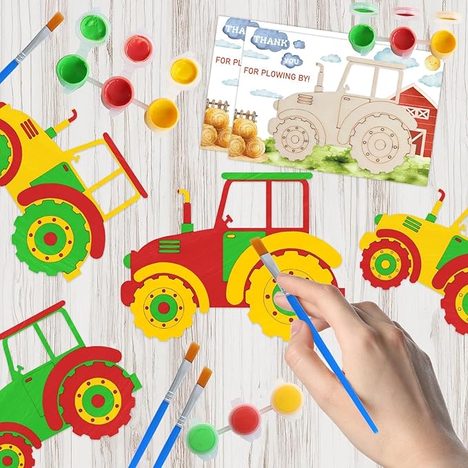 12 Pack Unassembled Tractor Party Favors, Wooden Tractor Cutouts with Magnets & Painting Kits for Kids, Farm Theme Birthday Crafts & Thank You Gifts