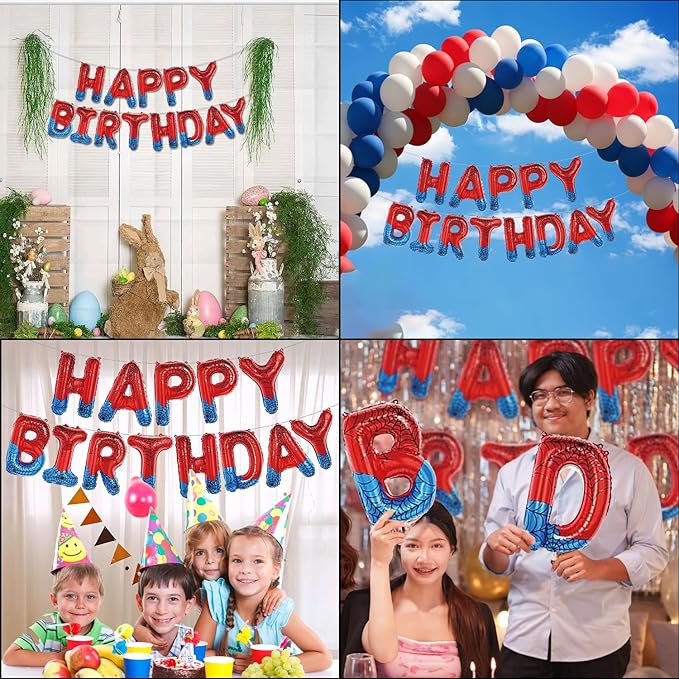 Spider Theme Happy Birthday Letter Balloons Banner, Red and Blue, Party Decoration