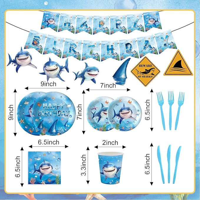 136PCS Shark Party Supplies for Boy Under The Sea Paper Plates and Napkins Banner Spiral Cake Toppers Hanging Swirls Birthday Table Decorations for 20 Guests