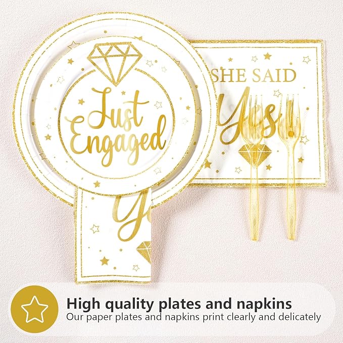 96Pcs Happy Engagement Party Supplies Gold Just Engaged Plates and Napkins Tableware Sets She Said Yes Engagement Decorations for Engaged Proposal Wedding Bridal Shower Married Party Favors Serve 24
