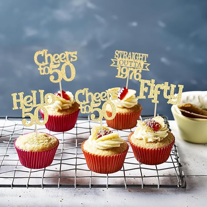 Ephlyn 24Pcs Happy 50th Birthday Cupcake Toppers Glitter Straight Outta 1976 Cupcake Picks Hello 50 Cheers to 50 Years Birthday Cake Decorations for 50th Birthday Anniversary Party Supplies Gold