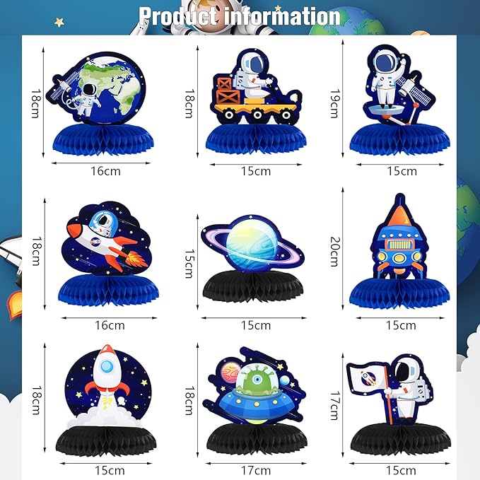 9 Pcs Outer Space Theme Honeycomb Centerpiece Outer Space Party Decorations Paper Planet Table Decor Solar System Astronaut Ufo Table Topper for First Trip Around the Sun Birthday Party Supplies