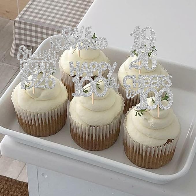 30 PCS 100th Birthday Cupcake Toppers Glitter One Hundred Happy 100 Straight Outta 1926 Cupcake Picks for Cheers to 100 Fabulous 100th Birthday Anniversary Party Cake Decorations Supplier Silver