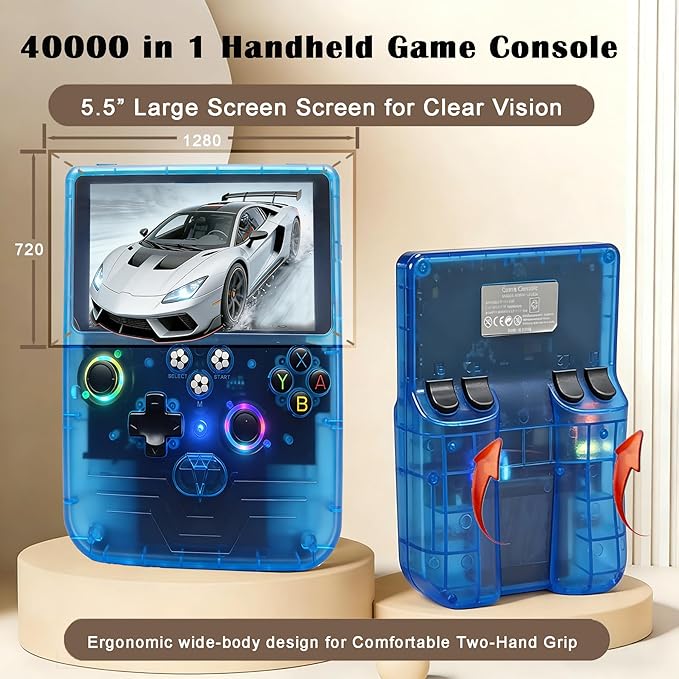 RegiisJoy R60 MAX 40000 in 1 Handheld Game Console, 5.5 Inch IPS Screen Retro Gaming Consoles Main Emulators, Portable Mini Pocket Arcade 6000mAh Battery,128G TF Card,RGB Joysticks