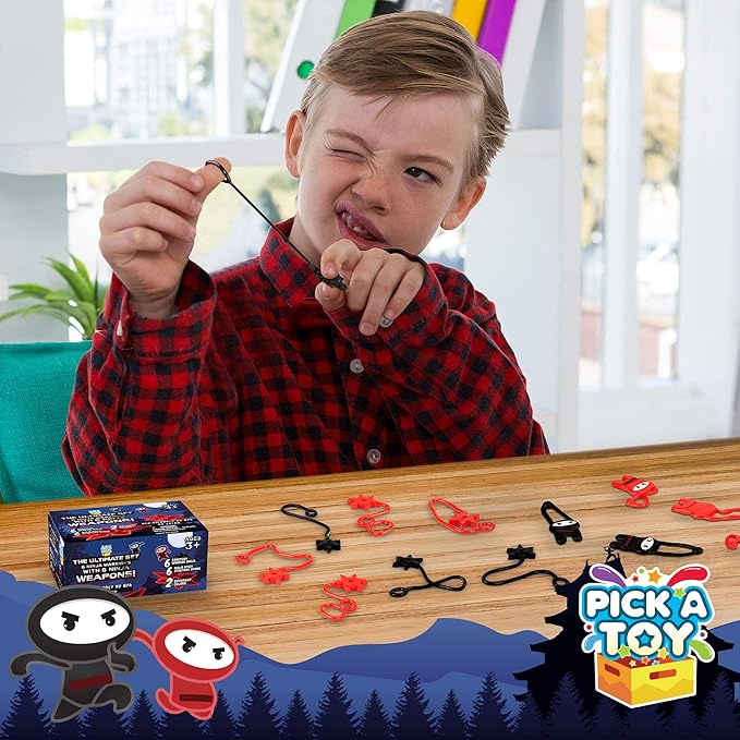 PICK A TOY Ninja Party Favors for Kids – 12 Pack Stretchy Flying Ninjas, Sticky Slingshot & Throwing Stars Toys – Goodie Bag Stuffers, Classroom Prizes, Easter Basket Egg Filler