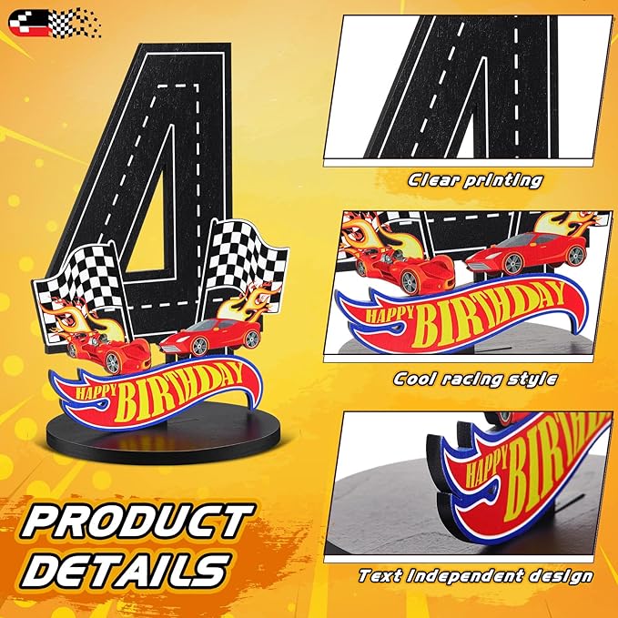 Race Car 4th Birthday Number Sign Centerpiece Race Car Theme 4th Birthday Party Supplies Wooden Table Decoration Photo Props for Boys Four Years Old