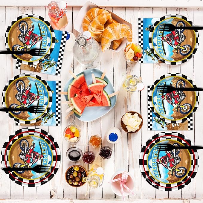 96 Pcs Dirt Bike Motocross Party Tableware Set - Serves 24, Includes Plates, Napkins, Decorations for Boys' Birthday or Baby Shower