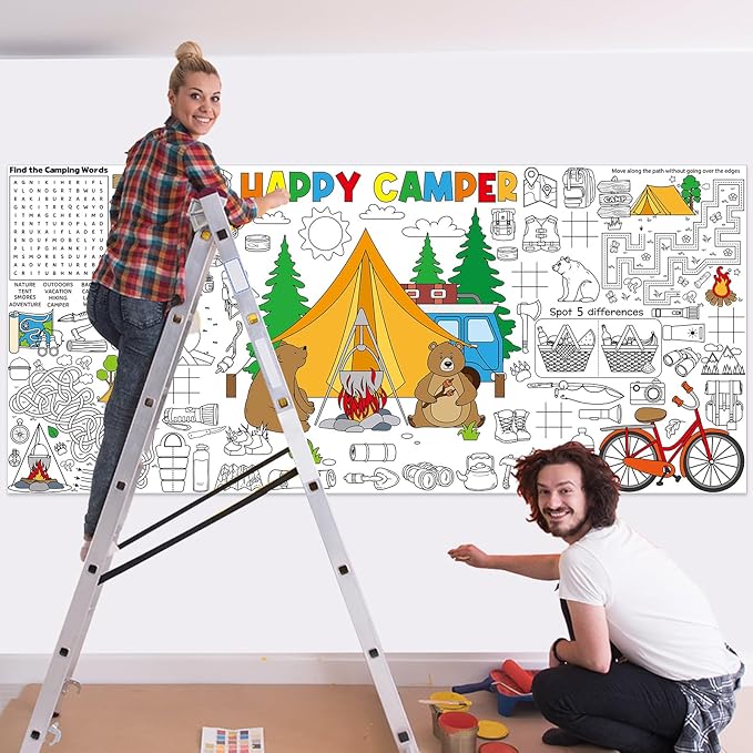 Naozinebi Camping Giant Coloring Poster for Kids Camper Summer Large Coloring Tablecloth Big Paper Sheets Page Camp Table Cloth DIY Activity Game Art Crafts Mat Wall Home Party Decoration Supplies