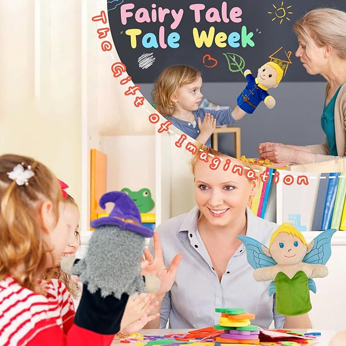 6 PCS Puppet Set 12 Inch, Fairy Tale Members Elf Plush Puppets Toddlers Princess Hand Puppet for Kids Ages,Soft Puppets for Storytelling Teaching Preschool Role Play Puppet Toy for Boy Girls
