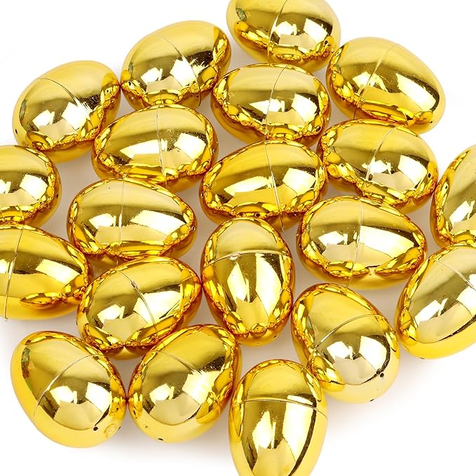 24 Pack Gold Easter Eggs, 2.4 Inch Metallic Plastic Empty Golden Eggs Fillable for Easter Eggs Hunt, Easter Basket Stuffers Fillers, Classroom Prize Supplies, Filling Treats and Party Favors