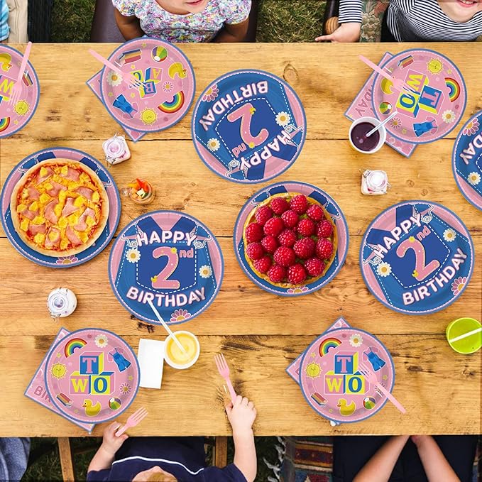 96Pcs 2nd Birthday Party Decorations Girls Pink Cartoon Teaching Plates and Napkins Cartoon English Teacher Theme Tableware Set for Girl Birthday Baby Shower Party Supplies，Serves 24