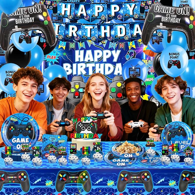 Video Game Birthday Decorations,Game Party Decorations,Backdrop,Plates,Napkins,Latex and Foil Balloons Tablecloth,Party Supplies for Boys Adults.