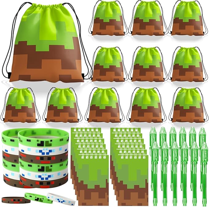 Pixel Theme Party Favors, Miner Game Birthday Party Supplies & Goodie Bags for Kids, Include Drawstring Bags Notebook Silicone Bracelet Highlighter for Gifts Fillers