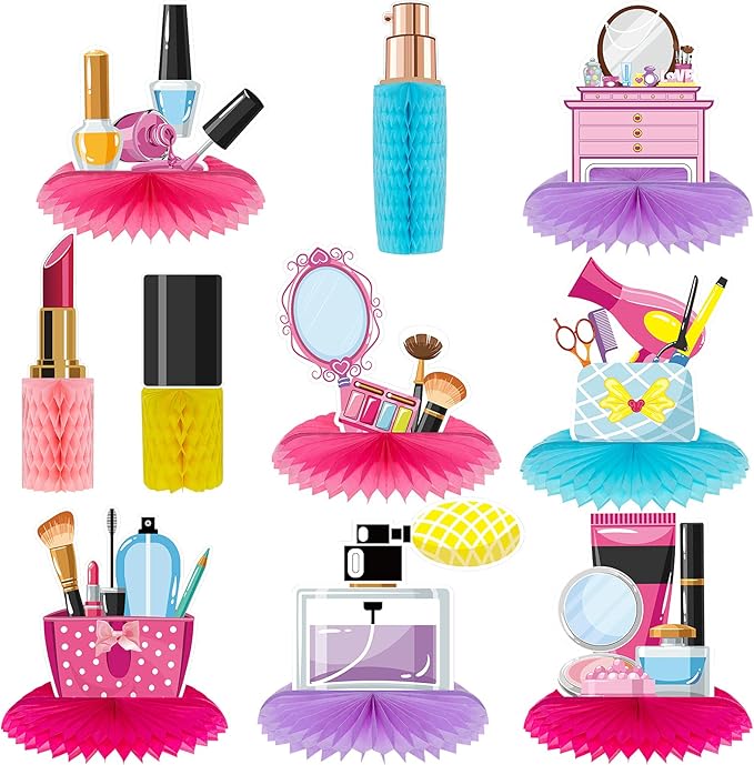 Censen 10 Pieces Spa Party Decorations Honeycomb Centerpieces Make up Table Topper 3D Cosmetics Nail Lipstick Girl Theme Photo Booth Props for Spa Threenager Birthday Party Supplies