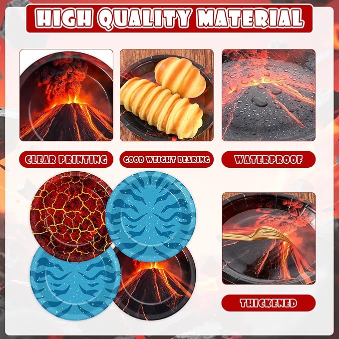 48PCS Fire Party Decorations 7" Volcano Paper Plates Volcano Hot Lava Birthday Supplies Cartoon Dessert Tableware Set Ocean Patterns Printed Disposable Plates for Kids Baby Shower Birthday Party Favor