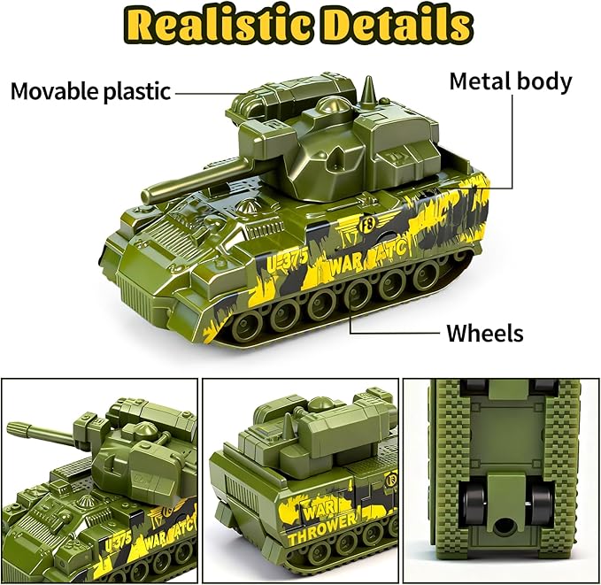 6 Pack Diecast Military Vehicles Truck Set, 1:64 Scale Army Vehicles Kids Toy Cars with Trucks, Tank, Panzer, Anti-Air Vehicle, Helicopter, Mini Toy Car for Kids 3 4 5 6 Years
