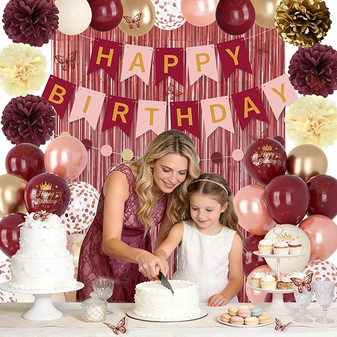 Burgundy Birthday Decorations for Women Girls, Pearl Pink Rose Gold Sand Metallic Printed Balloons Butterfly Stickers Fringe Curtain Happy Birthday Banner Circle Dot Paper Pompom Party Supplies
