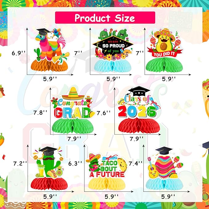 JOYMEMO 8 Pieces Mexican Graduation Honeycomb Centerpieces, Fiesta Graduation Party Decorations 2026, Taco Bout A Future Table Toppers for Congrats Grad Class of 2026 Party Supplies