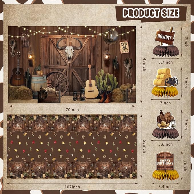Western Party Decorations, 126 Pcs Wild West Cowboy Rodeo Bday Party Decor Supplies for Boys - Backdrop, Banner, Tablecloths, Centerpieces, Paper Glasses, Hat, Stickers, Wall Signs