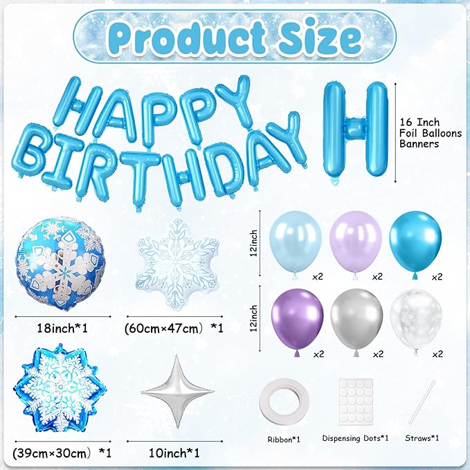 29PC Blue Winter Happy Birthday Balloon Banner, 16Inch 3D Aluminum Letter Banner Sign, White Metallic Blue Silver Snow Balloons 18 Inch Snowflake Foil Balloon for Frozen Party Decorations