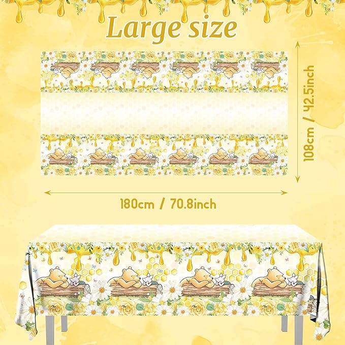 3PCS Winnie Bear Baby Shower Tablecloths, Kids Boys Girls Birthday Party Decorations Spring Classic Winnie Bear Neutral Table Cover Party Supplies -54x108IN