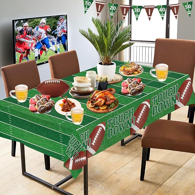 Football Party Decorations - 2 Pack Football Tablecloth Plastic, Disposable TouchDown Table Cover for Football Sport Birthday Party Supplies Favors Gameday Tailgate Table Decor Accessories, 108x54Inch