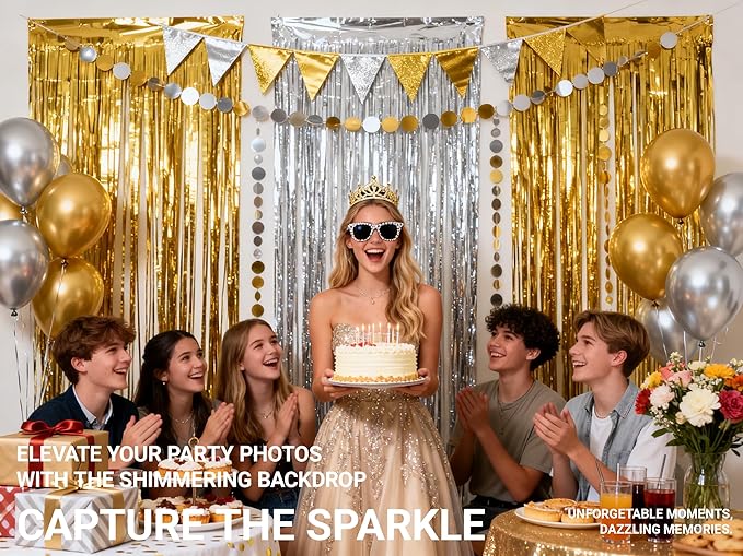 3 Packs Gold Silver Foil Fringe Curtains, Birthday Party Decorations Backdrop Tinsel Steamer, Wedding Engagement Bridal Shower Party Decorations Retirement Decor Graduation Party Backdrop