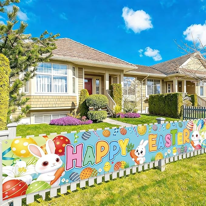 Happy Easter Banner 120x20 Inches, Easter Outdoor Decorations for Yard, Fence, Porch, Party, Durable Polyester Easter Bunting with Easy Hang Grommets for Indoor Outdoor Easter Party Supplies
