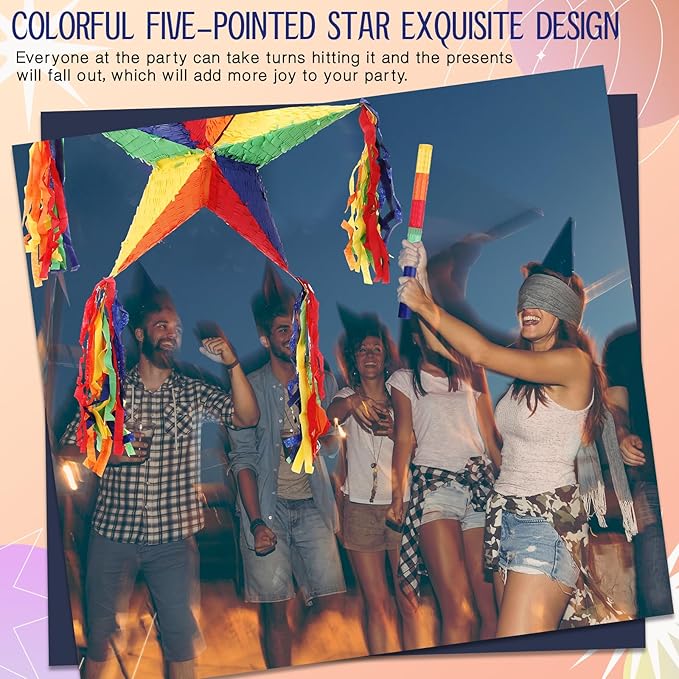 Hanaive Foil Star Piñata with Blindfold and Bat for Birthday Foldable Star Shape Piñata with Stick Festive Fiesta Party Supplies Favors for Mexican Party(Multicolor)