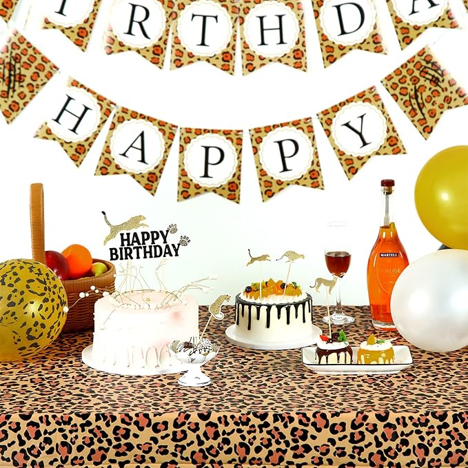Civaner 51 Pieces Gold Cheetah Birthday Decorations Including Cheetah Birthday Banner Theme Balloons Leopard Cake Topper Safari Animal Print Tablecloth and Ribbon for Baby Shower Party Supplies