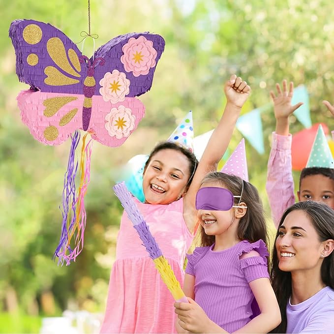 WERNNSAI Butterfly Piñata - Butterfly Birthday Party Supplies Piñata with Stick and Blindfold for Girls Kids Pull String Piñata Family Games Classroom Birthday Party Decorations 16.4” x 12.4”