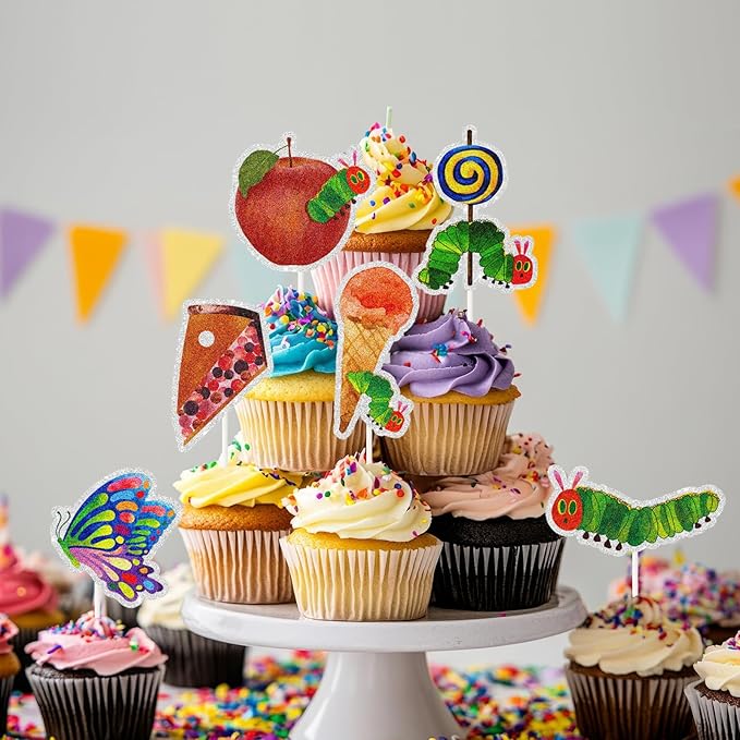 18pcs Hungry Caterpillar Dessert Cupcake Topper, Very Hungry Caterpillar Reading Story Theme Party Decorations for Boy Girl, Children's Fairy Tale Party or Birthday Party Event Supplies