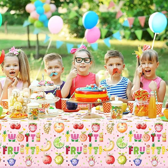 2 Pcs Twotti Frutti Tablecloth Summer Fruit Two Years Old Table Covers for Luau Fruit Lemon Watermelon Pineapple Strawberry Theme Girls 2nd Birthday Party Decorations Supplies