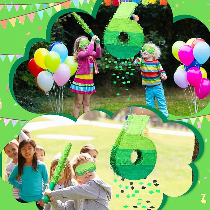 Number Piñata Decorations 16 Inch Gradient Green Piñata with Blindfold Stick and Confetti for Birthday Baby Shower Safari Jungle Themed Party Supplies Centerpiece(Number 6)